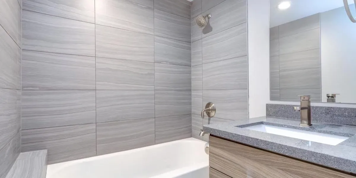 Gray tile bath and vanity