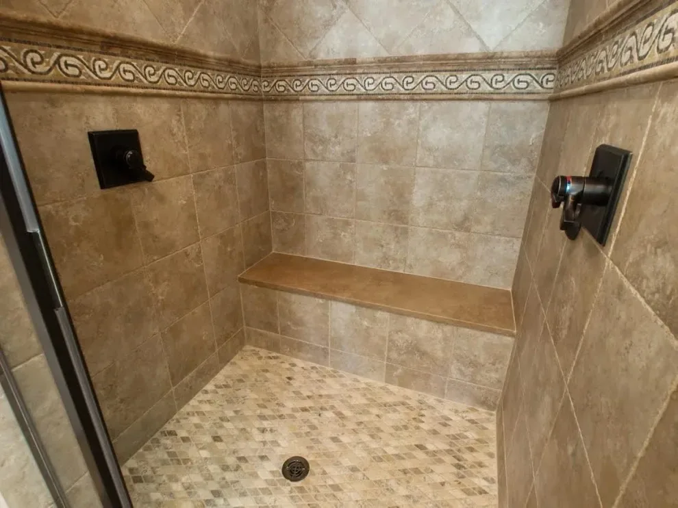 Tan shower with built-in bench
